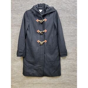 J Crew Coat Womens Size 2 Black Wool Hooded Toggle Duffle Parka Lined Pockets